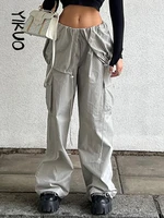 yikuo gray woven chic skirt trousers women drawstring low waist casual baggy joggers pockets stitch streetwear cargo pants
