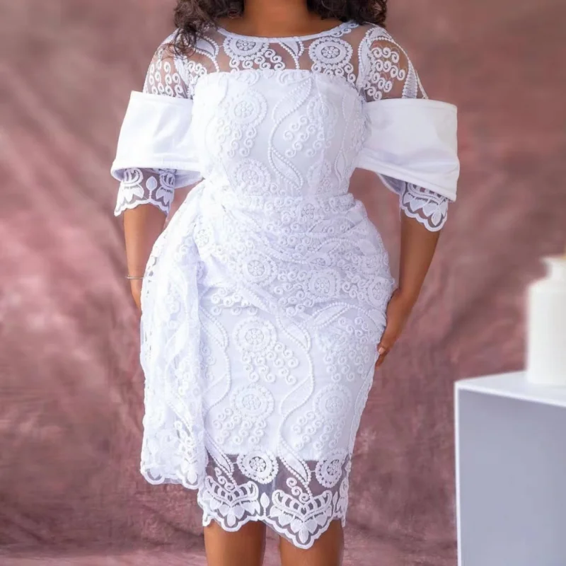 

White Half Sleeve Lace Dresses For Women 2023 African Dashiki Ankara Robe Wedding Evening Dress Vestidos Africanos Outfits