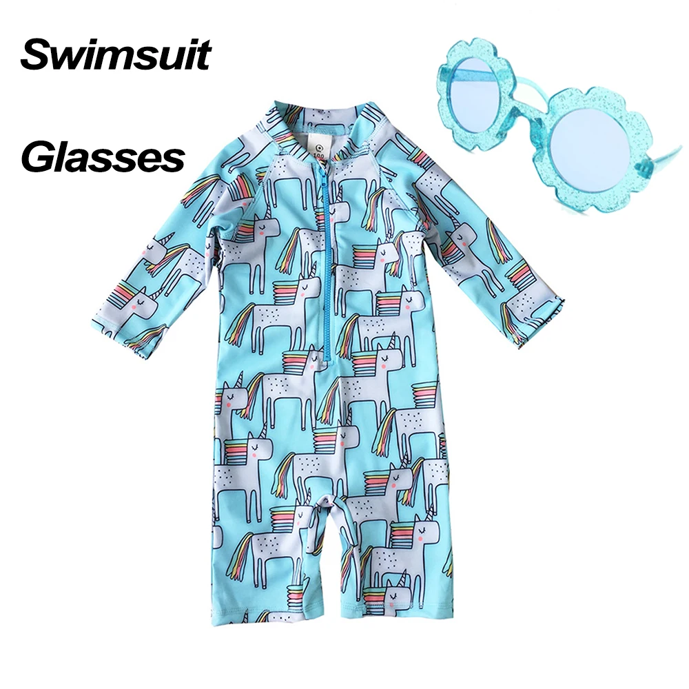 

Unicorn Flamingo Girl Swimsuit Long Sleeve Swimwear With Sunscreen Swim Cap Glasses 2/3 Piece Suit Fit For Swimming Pool Bathing