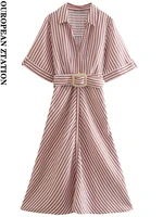 pailete women 2022 fashion with belt striped linen blend midi dress vintage short sleeve button up female dresses vestidos mujer