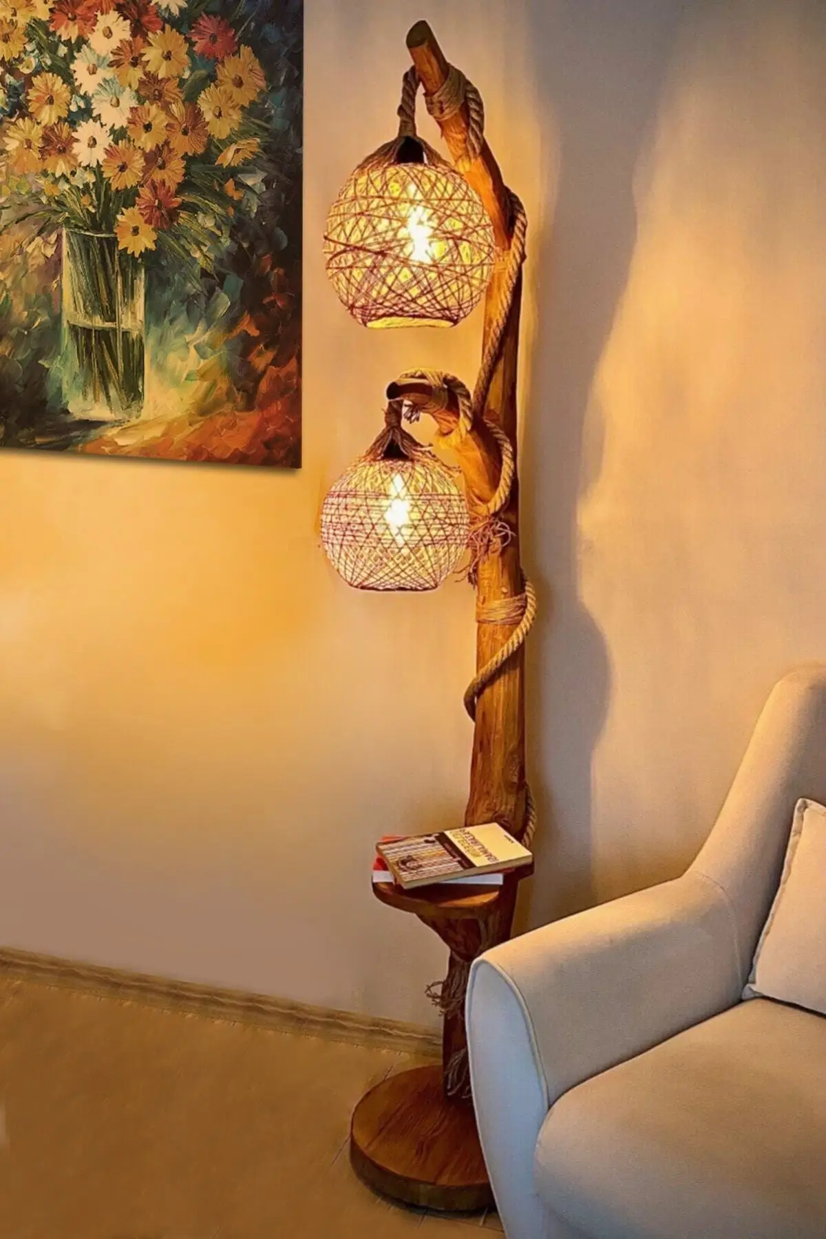 Brown Natural Tree Yalıkavak Series Double Sphere Lighting Floor Lamp 140cm