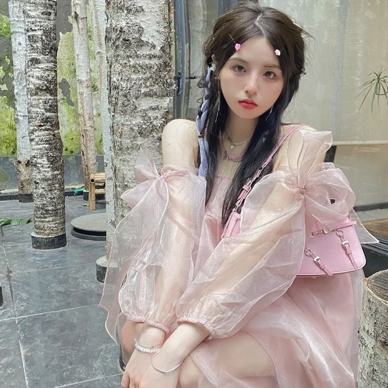 

New Summer Princess Pink Mini Dress Small Girl Sexy Slash Neck Super Hot Mesh Holiday Dress Puff Sleeve Slim Club Party Dress