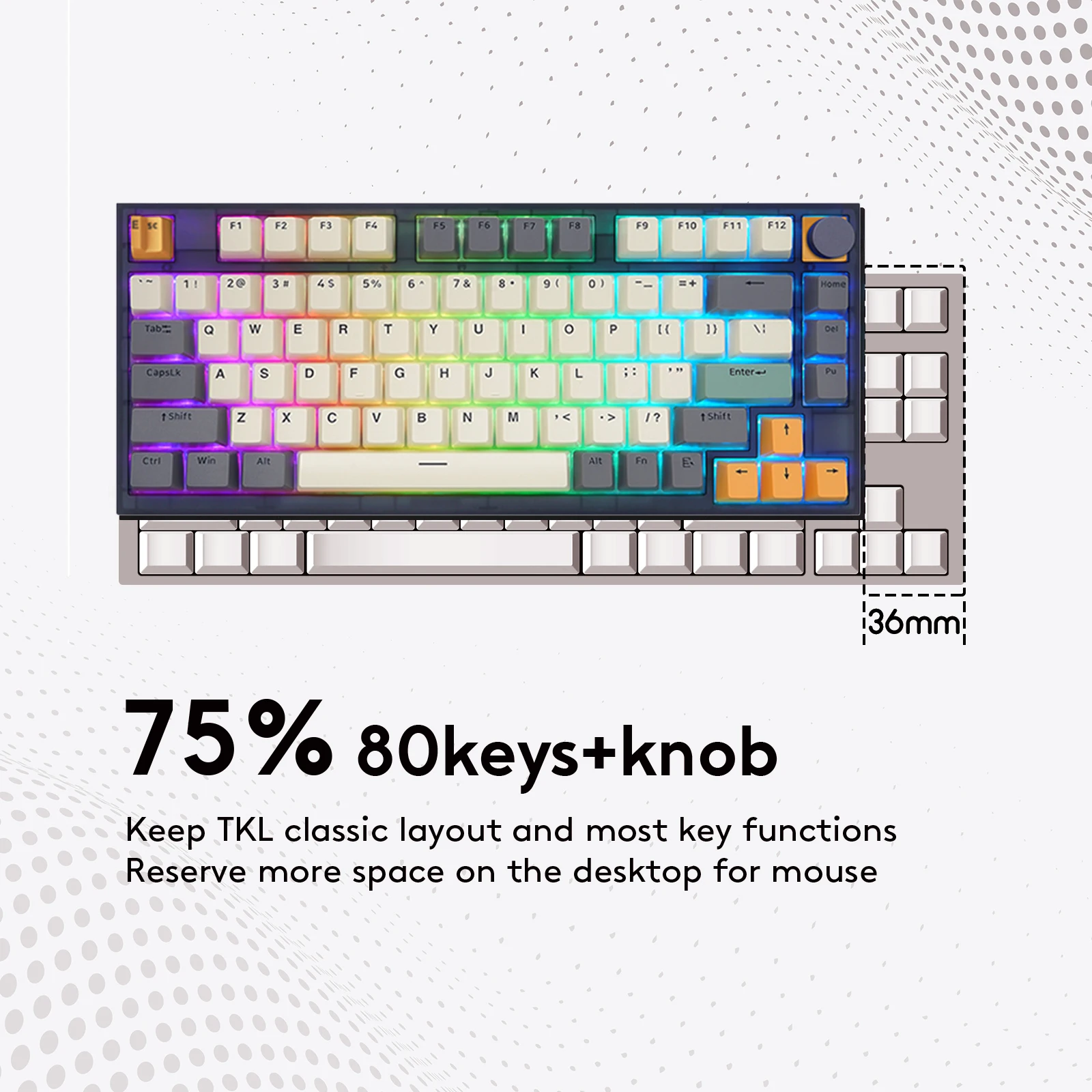 Фото SKYLOONG GK75 3-режимная беспроводная механическая игровая клавиатура с RGB-подсветкой, PBT-клавишами, 75% форм-фактором, металлическим регулятором и возможностью кастомизации для ПК. №4