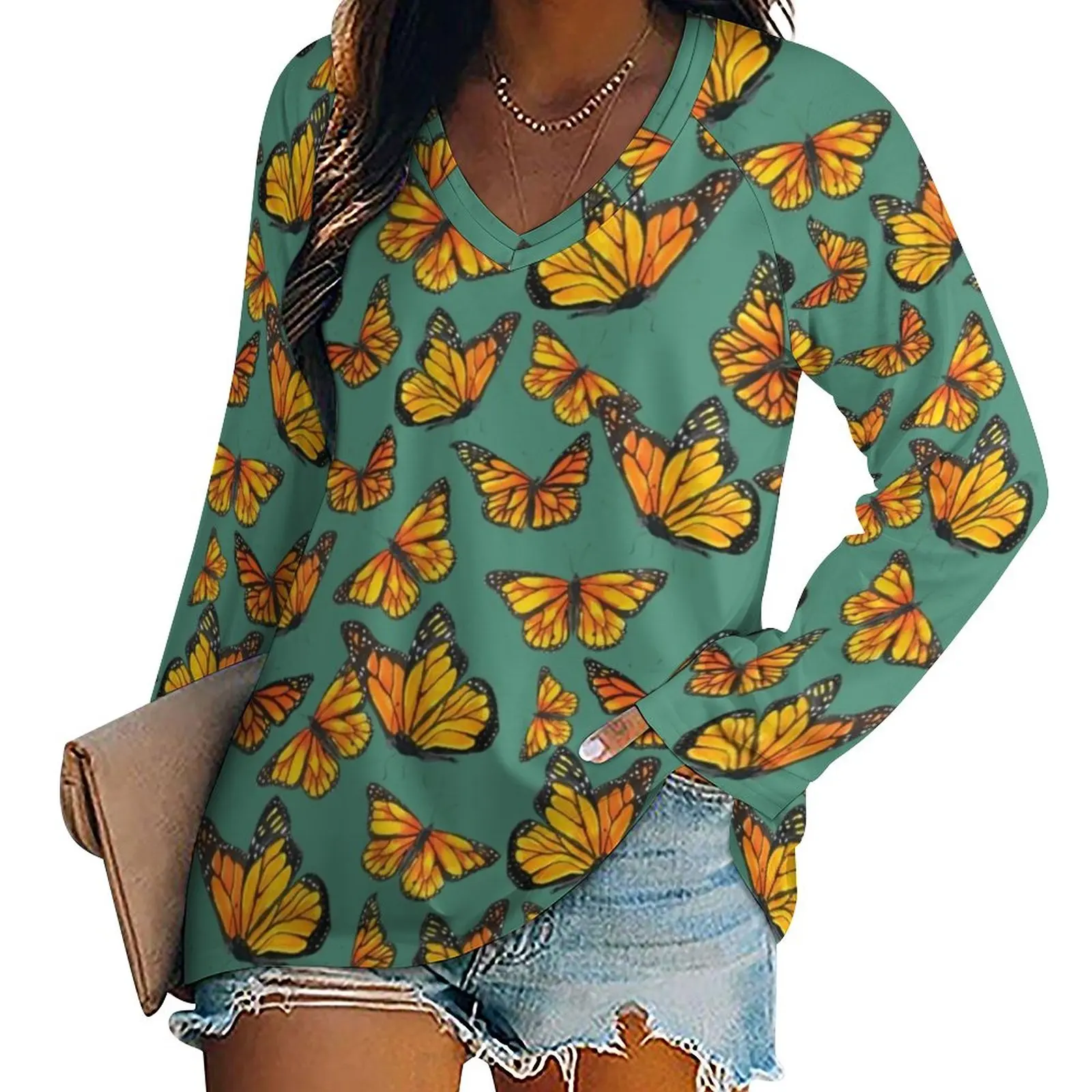 

Orange Butterfly T Shirts Cute Animal Print Funny T Shirt Lady Long Sleeve Casual Loose Tshirt Oversized V Neck Design Top Tees