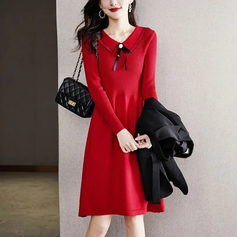 Купи 2022 Autumn winter new in Knitted dress for women Long Sleeve Peter pan Collar slim fit elegant Office Lady Casual a-line dress за 1,142 рублей в магазине AliExpress