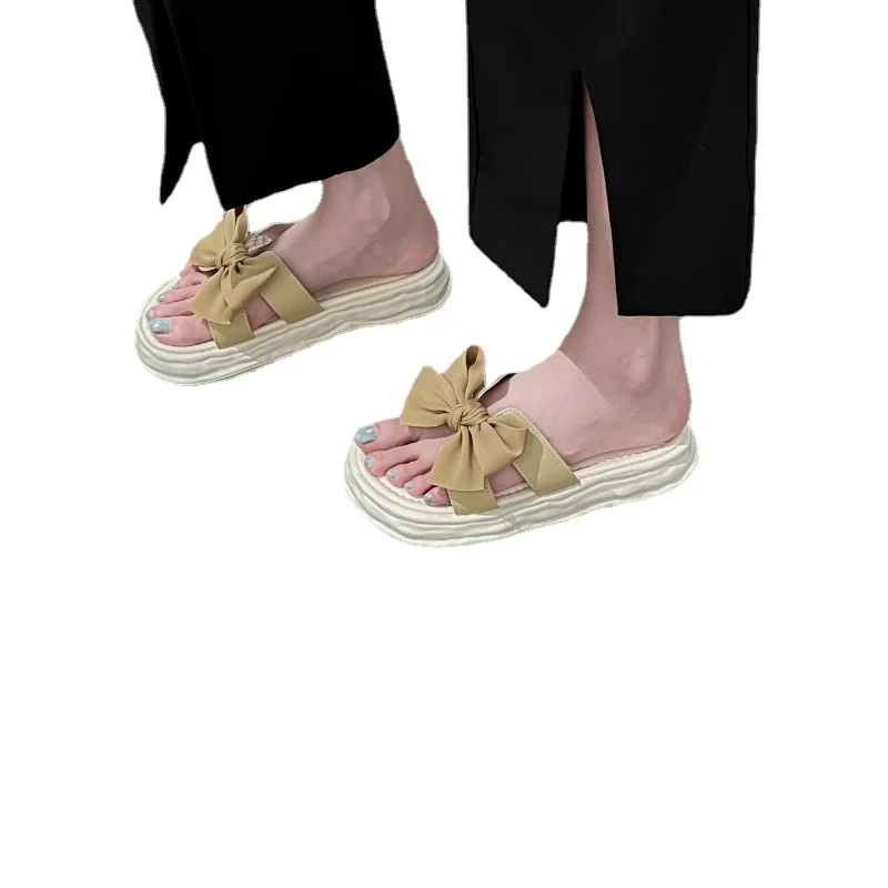 

Round Toe Comfortable Thick Shoes for Women In 2023 Summer New Mesh Red Bow Flat Shoes with Herringbone Sandals for Women's