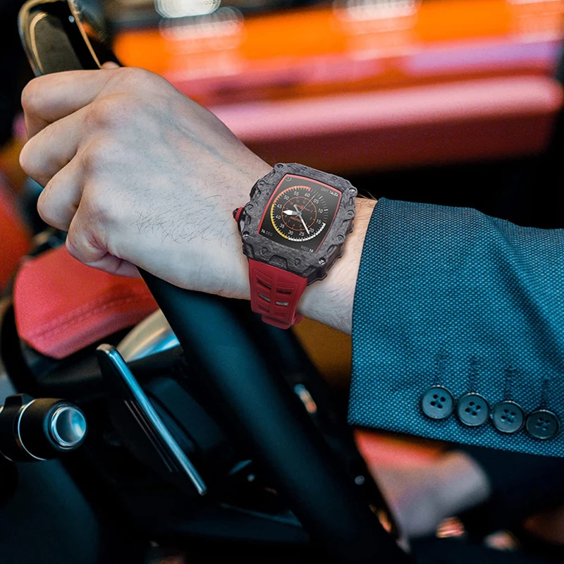 Carbon Fiber Strap for Apple Watch Mod Kit 45mm 44mm Band Rubber Bracelet Wristband for iWatch 8 7 654 SE Modification Kit Strap