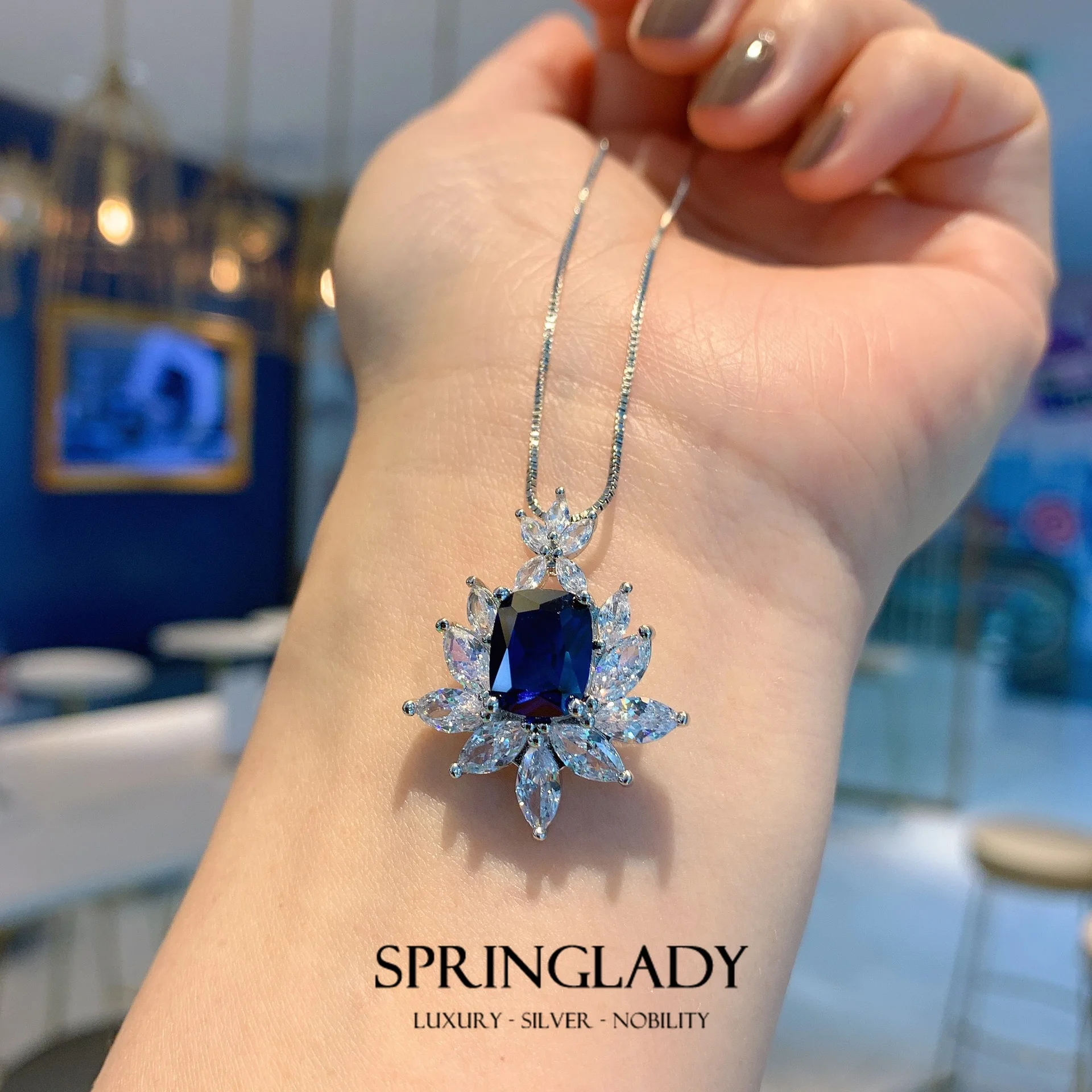 

SpringLady SpringLady Vintage Sapphire Gemstone Flower Pendant Necklace for Women Wedding Party Fine Jewelry Anniversary Gift