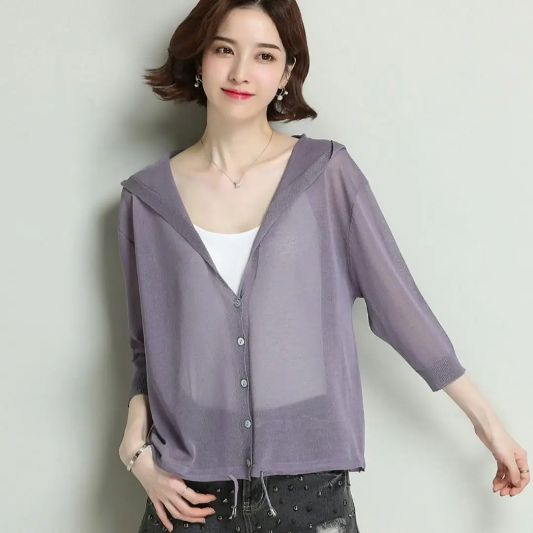 Солнцезащитная рубашка с капюшоном вязаный свитер из ледяного шелка Женская