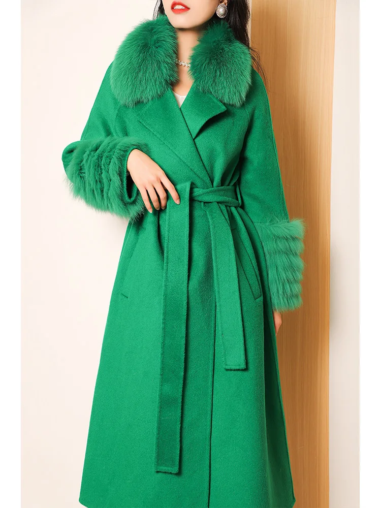 

High Quality Elegant Business Women Winter Lace-up Wool Coat With Real Fox Fur Collar Cashmere Blend Jackets Manteau Femme Hiver