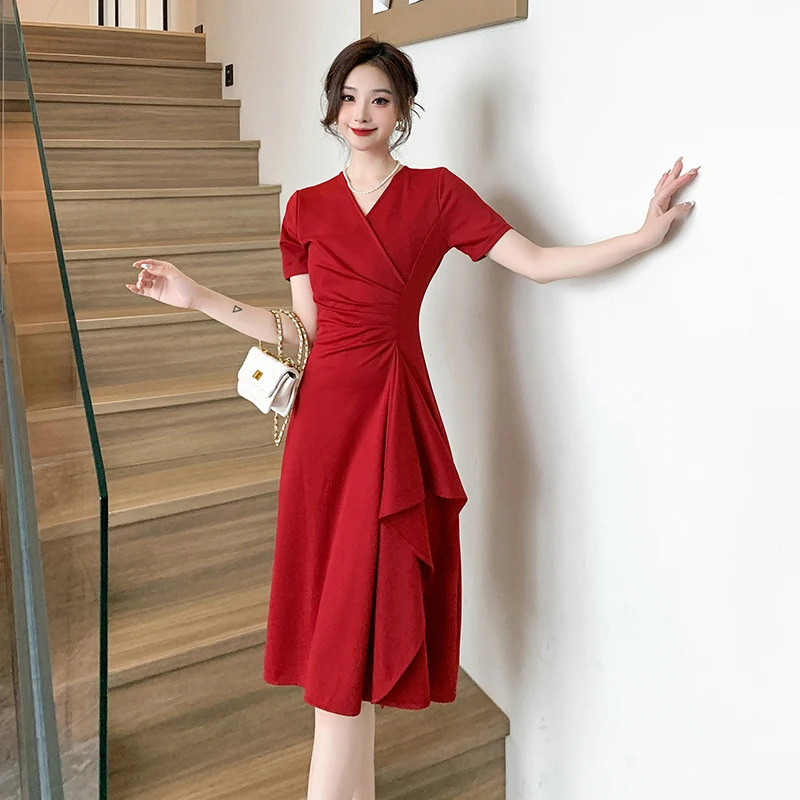 

Women's Summer New Korean High End Style V-neck Short Sleeve Irregular Pleated Ribbon Fashion Ruffle Edge Holiday Dress