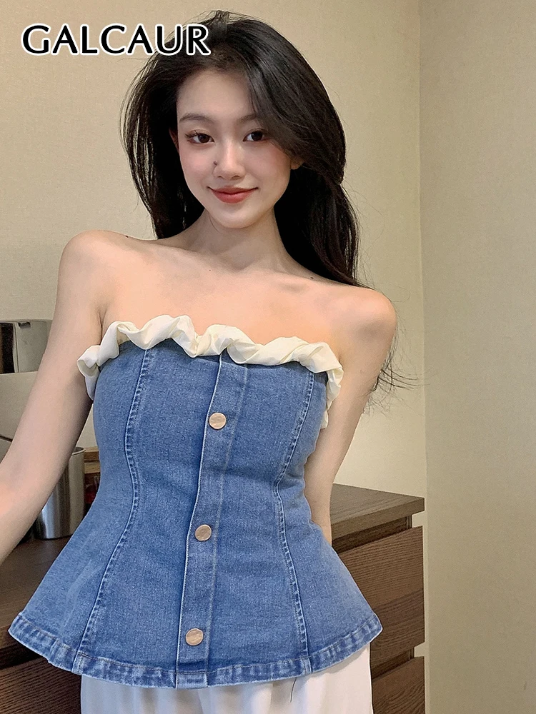 

GALCAUR Colorblock Vest For Women Sleeveless Patchwork Gathered Waist Full Length Bandeau Top Female 2022 Summer Clothing Style