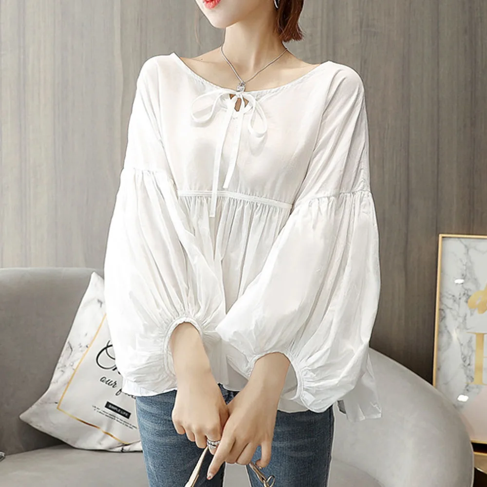 

Lantern Sleeve Lace Shirt Women 2022 Spring All-match Students Cute Sweet Blouse White Elegant Ladies Clothes Long Sleeve Top