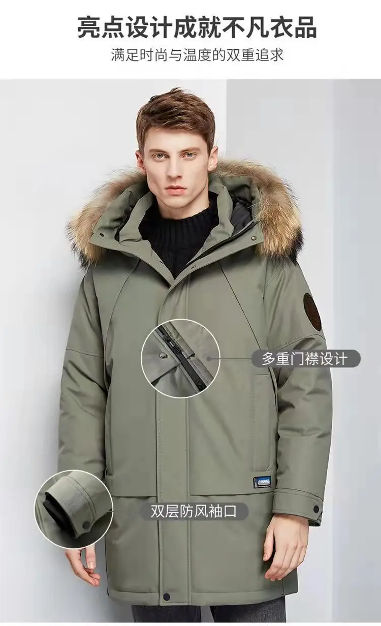 Down Jacket Men's Medium Long Cargo Coat Tide Men's Winter New High-end Atmosphere Large Hair Collar White Eiderdown Men's Wear