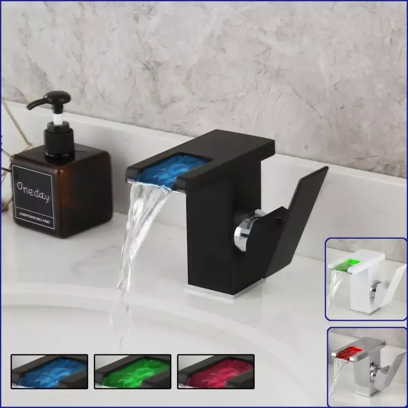 

Brass LED Basin Faucet Waterfall Bathroom Cold Hot Water Mixer Crane Sink Tap Color Change Powered By Water Flow Faucets Basin