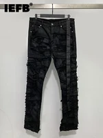 IEFB New Darkwear Men Coated Jeans Multi Thread Decoration Wax Brushing Cloth Elastic High Street 2022 Male Trousers 9A4318