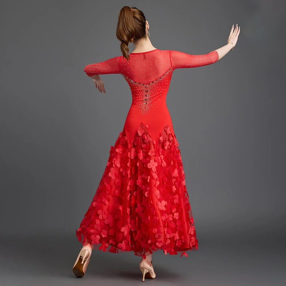 Фото Платье для бальных танцев yesBallroom Dance Pink Waltz Dress 2026: высококачественное, с рюшами, красное, профессиональное, для соревнований, с объемными лепестками, цвета павлиний синий №2