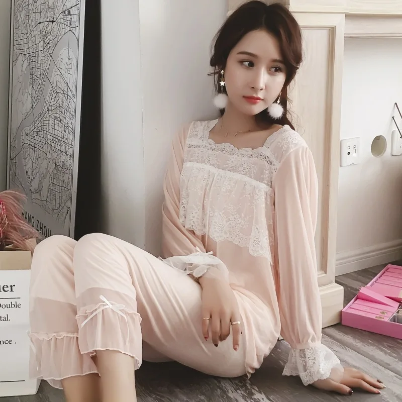 Long-Sleeved Leisure Tops Suit Lace Princess Cute Modal Pajamas  ชุดนอน  woman pijama set  пижама женская