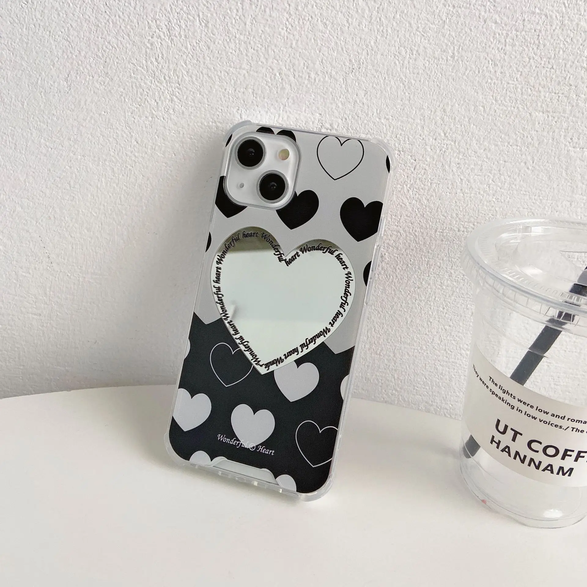 

Mirror Style Back White Heart Phone Case For Iphone Tansparent Phone Case For iphone 13 12 11 Pro X XR XS Max Decor Phone Case