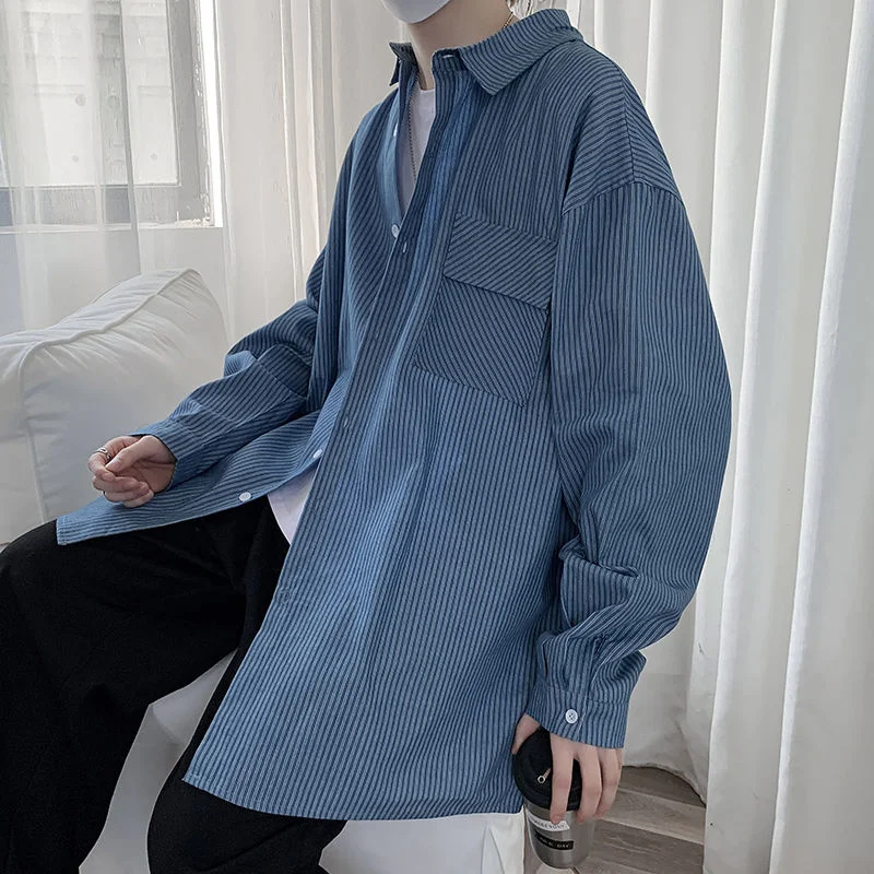 

Privathinker Autumn Denim Striped Shirt Long Sleeve Fashion Brand Male Blouses Casual Oversized Harajuku Cardigan Clothing