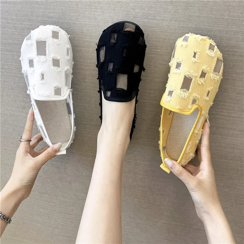 

Summer Canvas Hole Shoes Ladies Tennis Flat Shoes Female Round Toe Women's Slip-on Casual Sneaker Flats 2023 New Flat Shoes