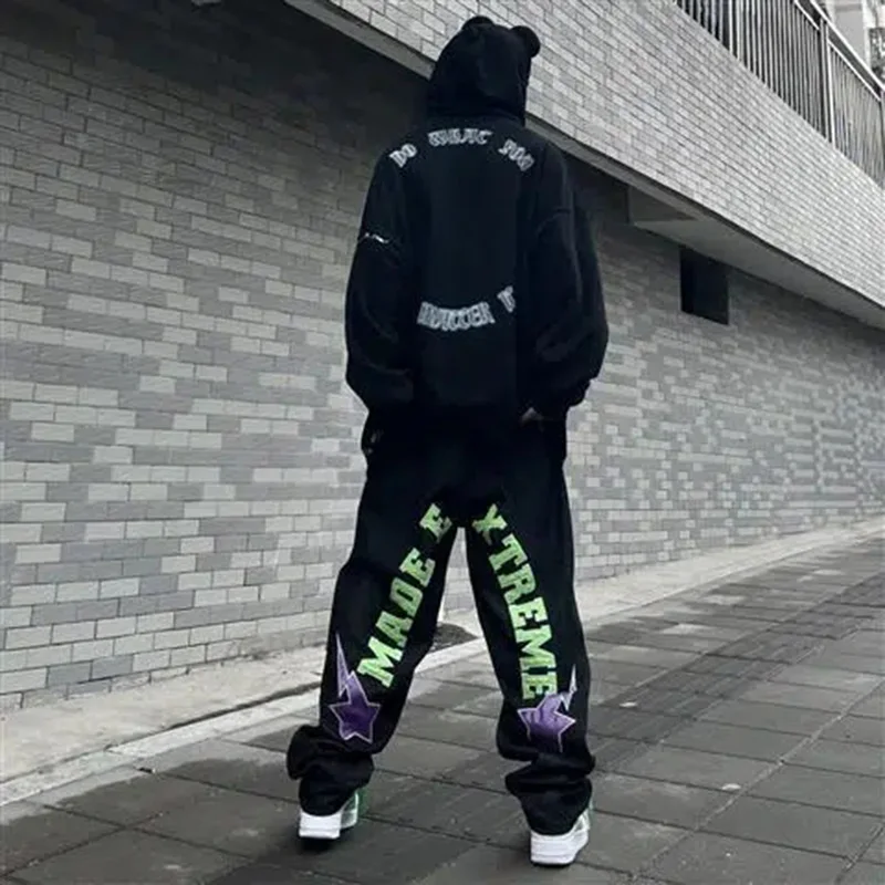 New American High Street Fashion Streetwear Lightning Love Patch Embroidery Harajuku Jeans Hip Hop Trousers Men Y2k Hot Sale