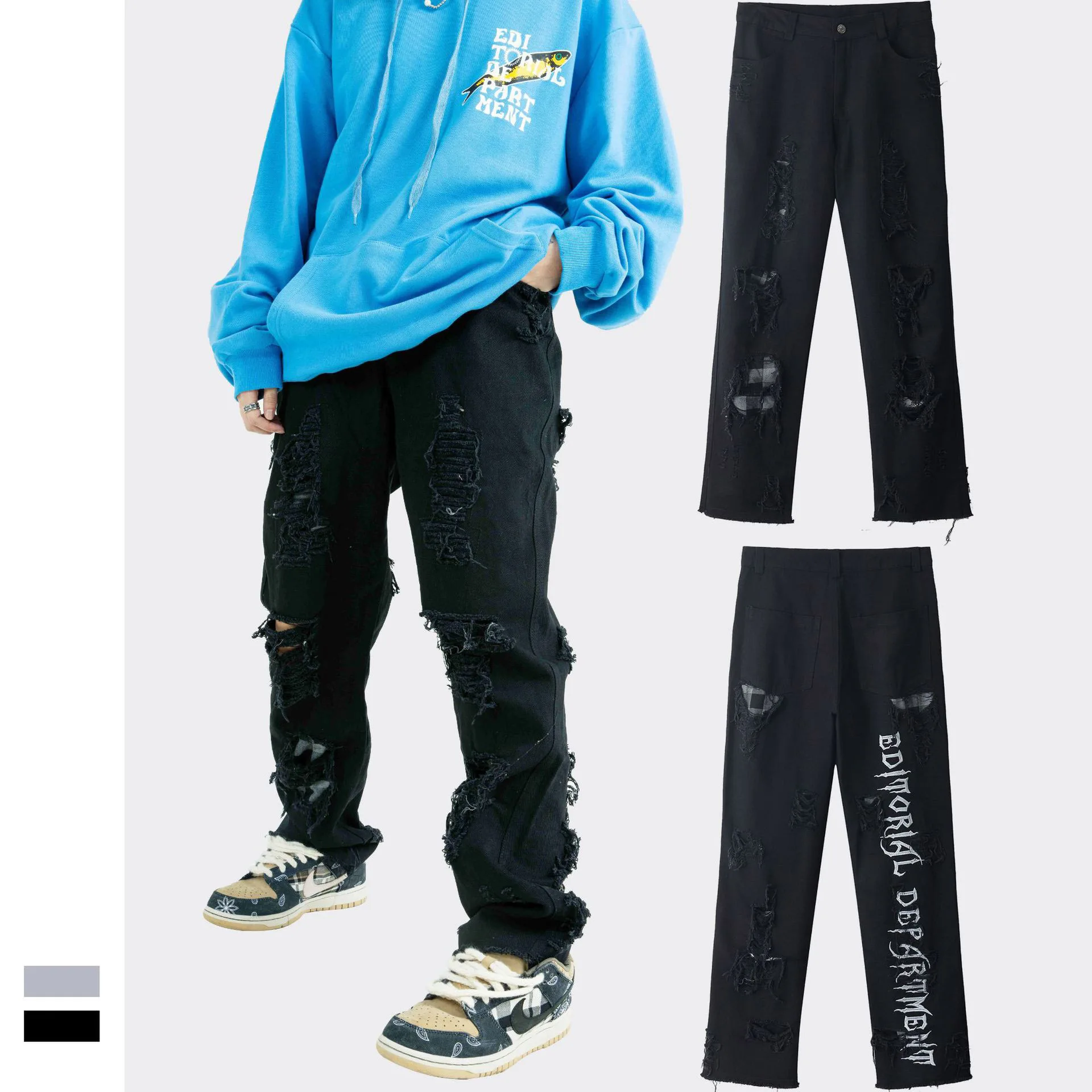 

New Hip Hop Loose Mid Waist Men's Distressed Jeans Stylish Versatile Straight Leg Large Casual Wide Leg Pants