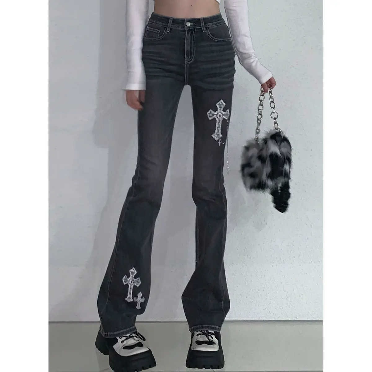 

Cross retro denim micro trousers female Korean version spring and summer new high street slimming design wide-leg flared pants
