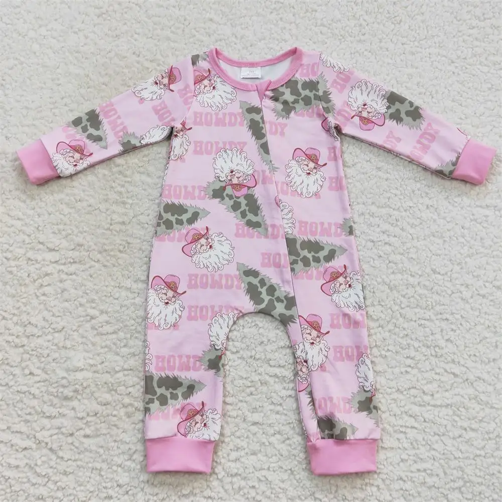 

Wholesale Baby Girl Pink Long Sleeves Christmas Santa Tree Jumpsuit Kids Children Newborn Embroidery Toddler Western Romper