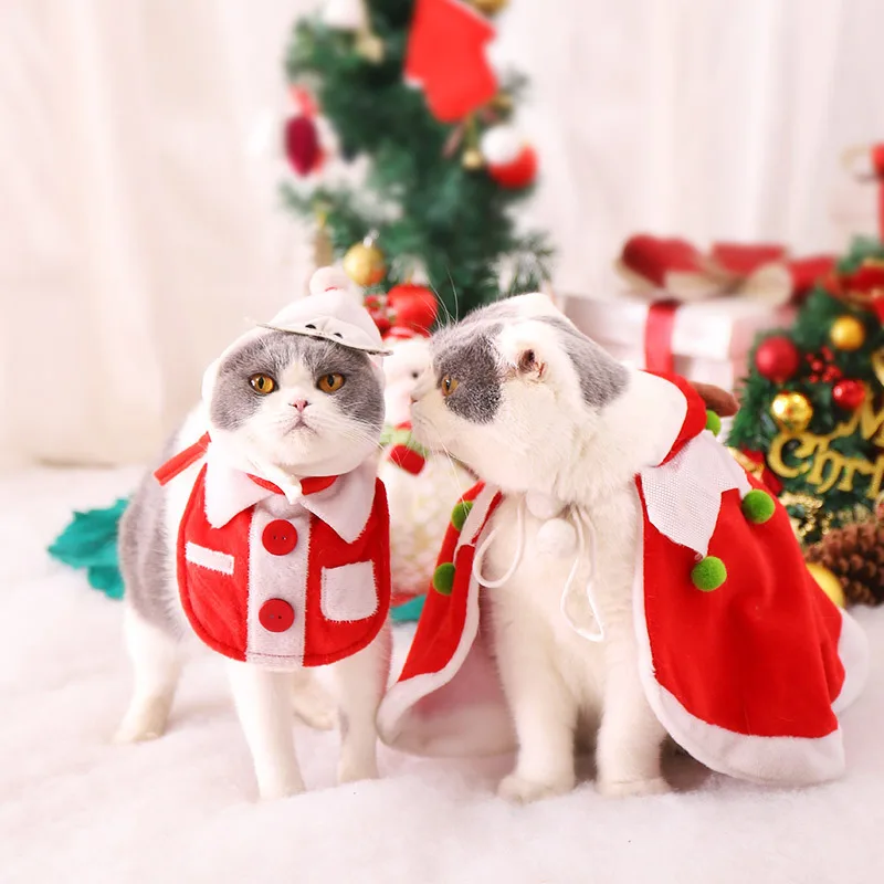 

Cat Clothes Christmas Red Cloak Santa Hat Cloak Warm Cat Clothes Christmas Funny Cat Stick Set