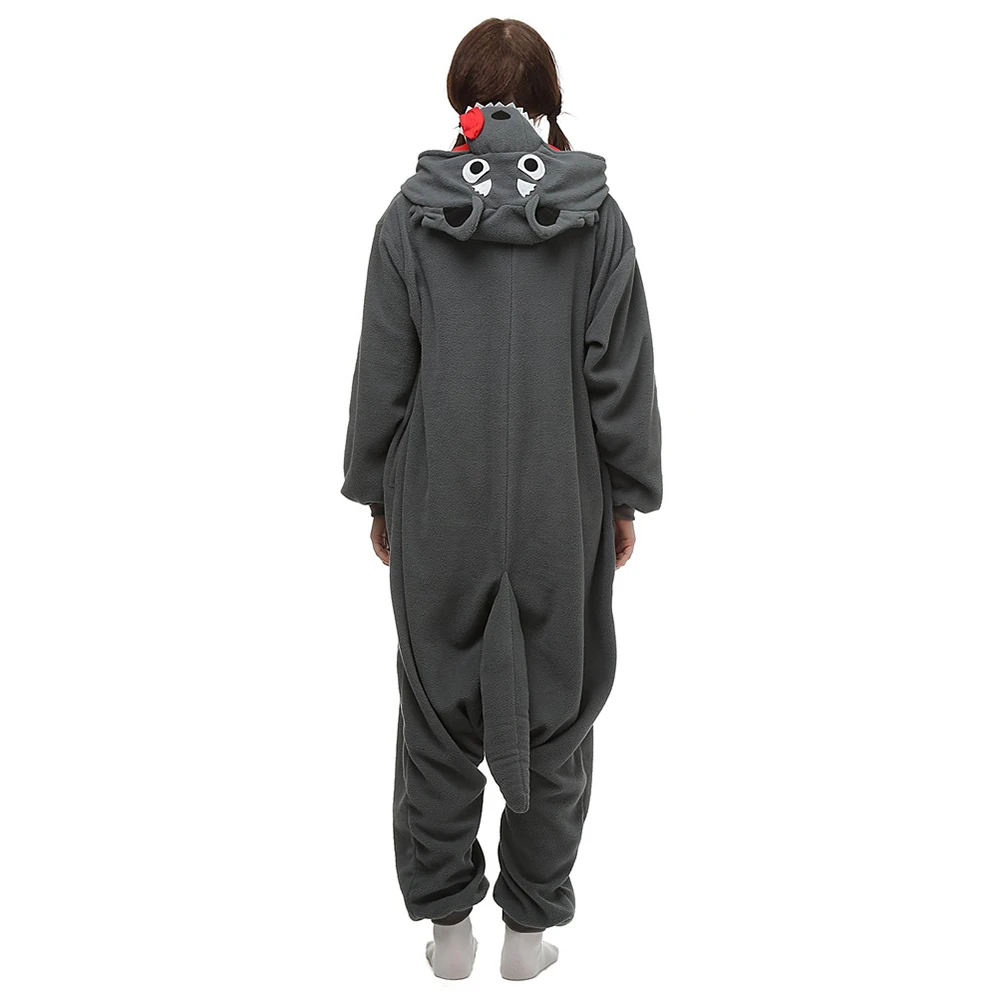 Young Women Winter One-Piece Grey Animal Cartoon Pajamas With Big Tusks And A Tail Polyester Warm Comfortable Sleepwear Cosplay