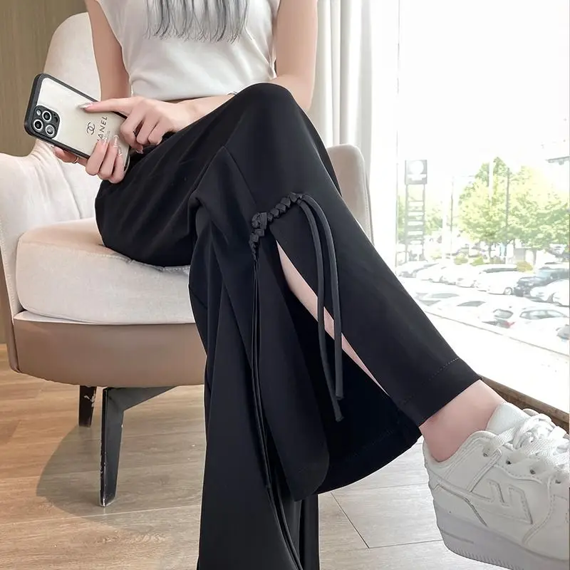 

Брюки женские с широкими штанинами, черный костюм с разрезом, дизайнерские тонкие повседневные Прямые Штаны с завышенной талией, на пуговицах, на лето