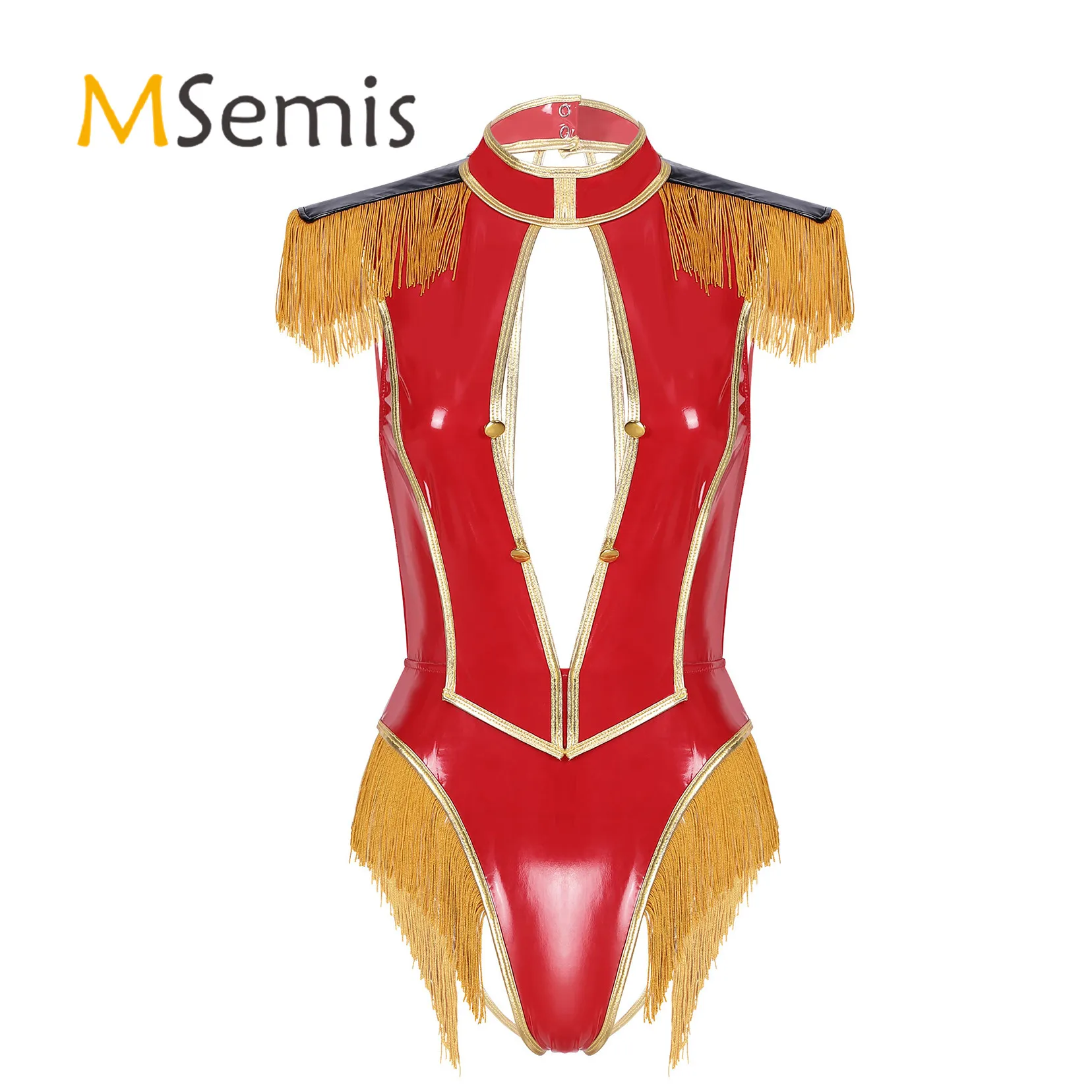 

Red Circus Clothes Womens Deep V Neck Open Back Tassels Adorned Bodysuit Circus Ringmaster Costume Patent Leather Clubwear