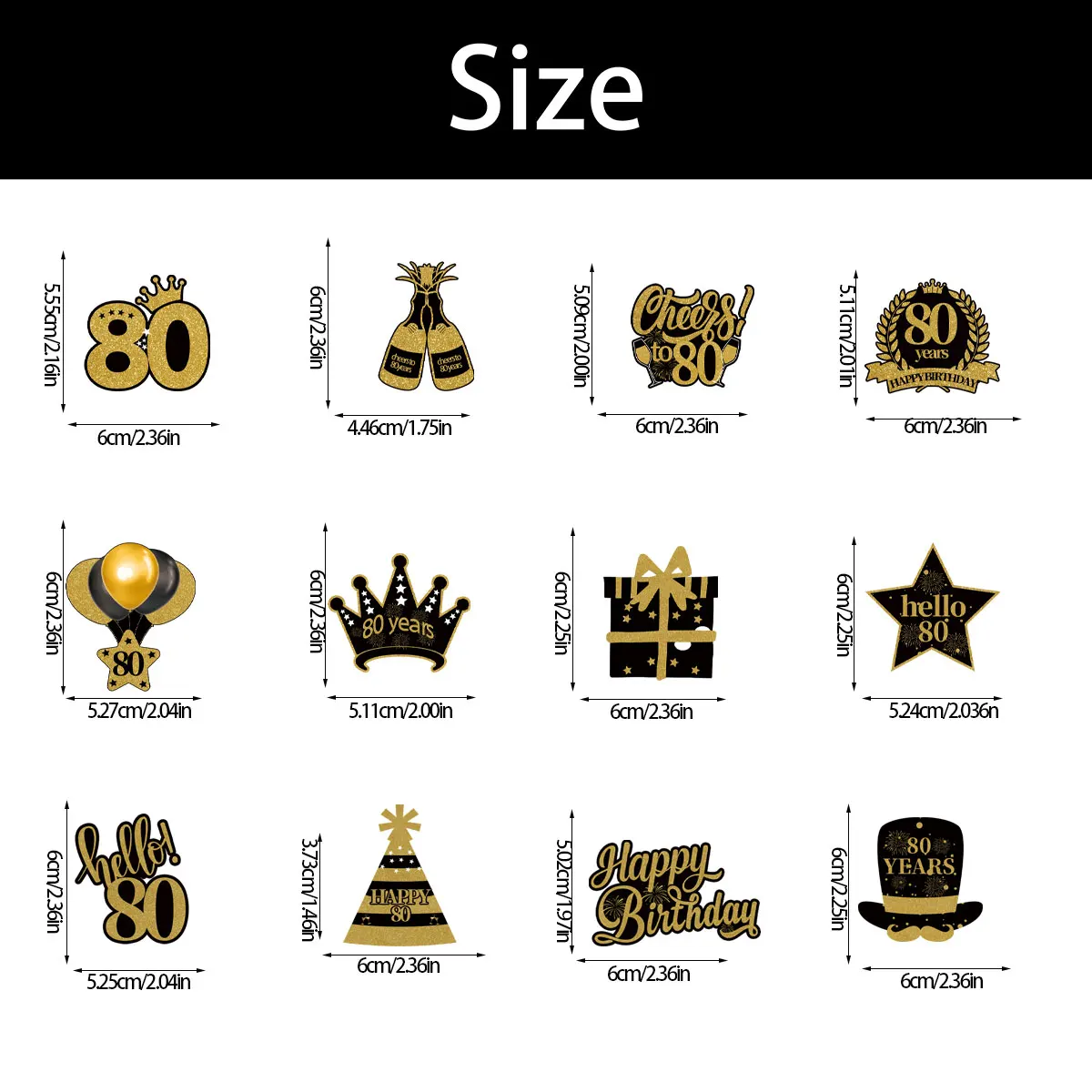 Топперы для капкейков из черного золота 18 21 30 40 50 60 70 80 лет 12 шт.