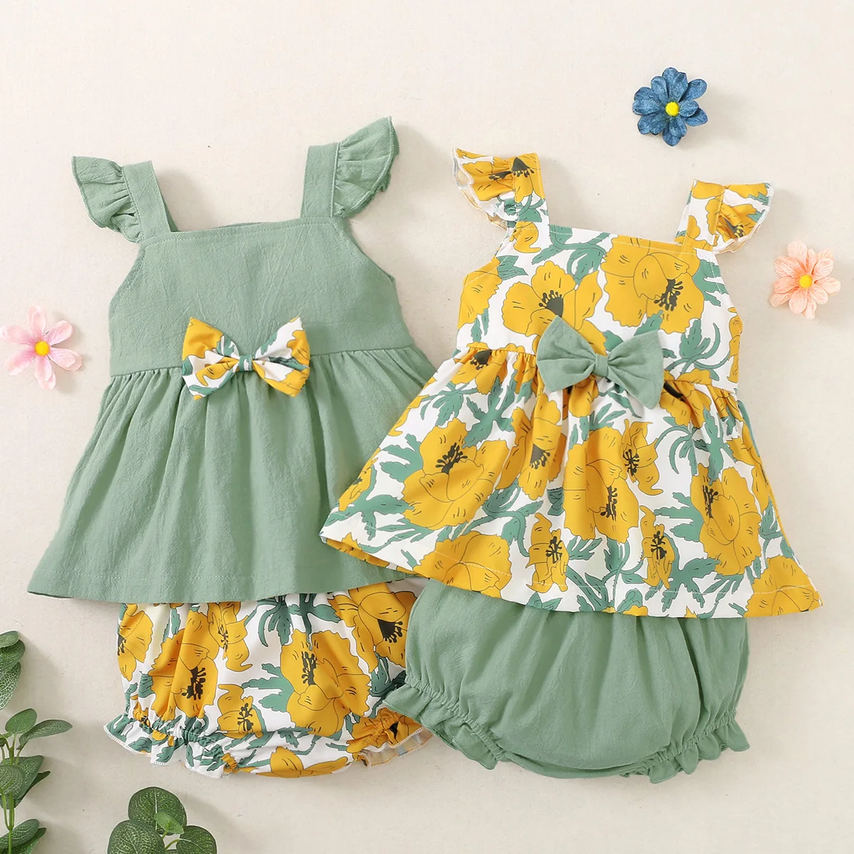 

hibobi Baby Girl Clothes Set 2PCS Cute Bow Floral Print Dress Shorts Two-piece Newborn Kid Girls T shirt Tops Shorts Outfit