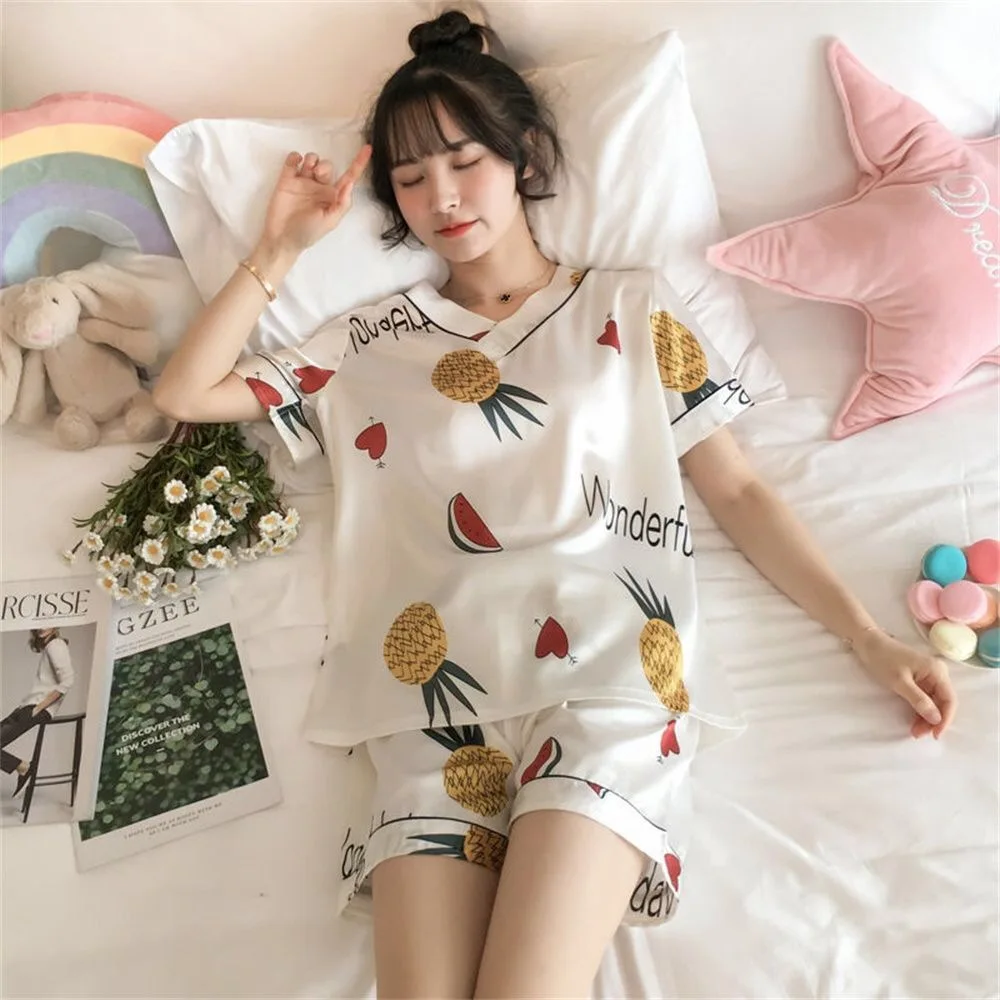 Ice Silk Pajamas Women's Summer Short-sleeve Shirts Thin Sweet  Popular Silk Home Clothes Two-piece Suit