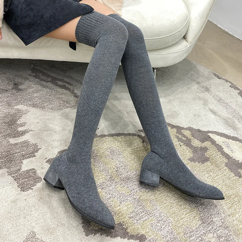 

2022 Spring and Autumn Women's Knee High Boots Square Root High Heels Pointed Toe Fashion Elastic Warm Thin Socks Boots Shoes