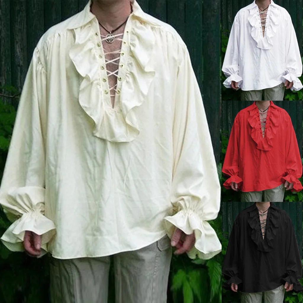 Lotus Leaf Collar Men's Retro Clothing Puff Sleeves Large Size Long Sleeve Shirts Prince Character Drama Stage Costume Tops 5XL