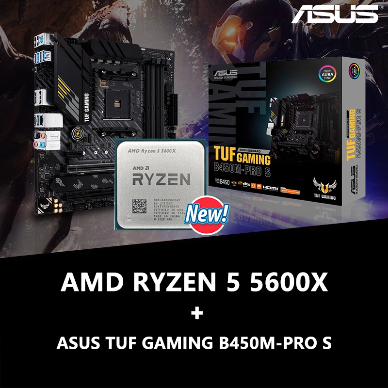 

NEW AMD Ryzen 5 5600X R5 5600X + ASUS TUF GAMING B450M PRO S Motherboard Desktop Set Kit Ryzen AM4 CPU All New But Without Fan