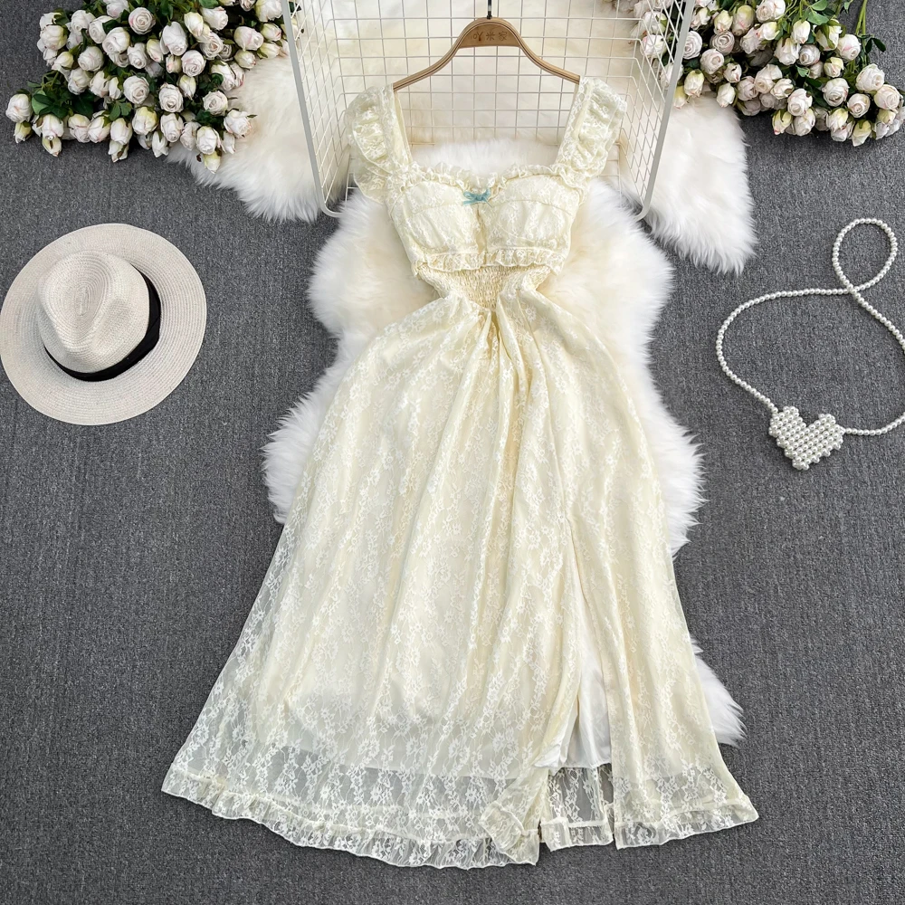 

2023 Summer Fashionable French Style Long Dress Waist Split A-Line Lace Dress