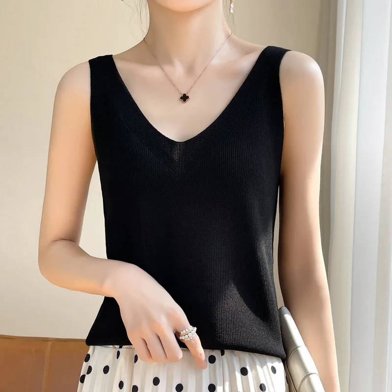 

Майка женская трикотажная с V-образным вырезом, пикантный Топ без рукавов, облегающая короткая рубашка, лето-осень 2022