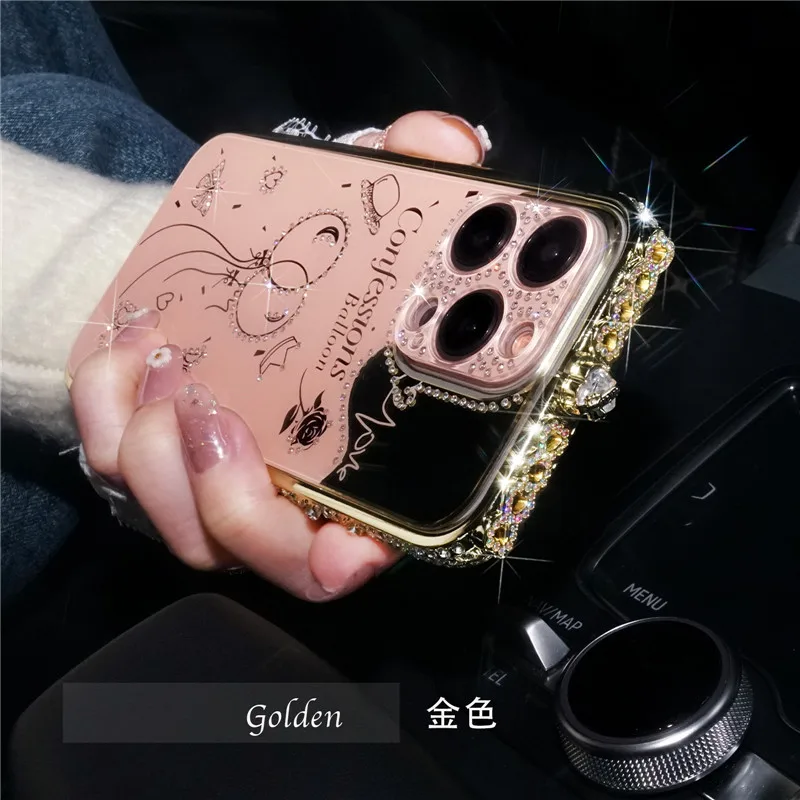Для iPhone 15 Pro Max 14 13 11 12 Чехол Bling Diamond Bumper Rhinestone Love Inlay Металлический каркас Зеркало