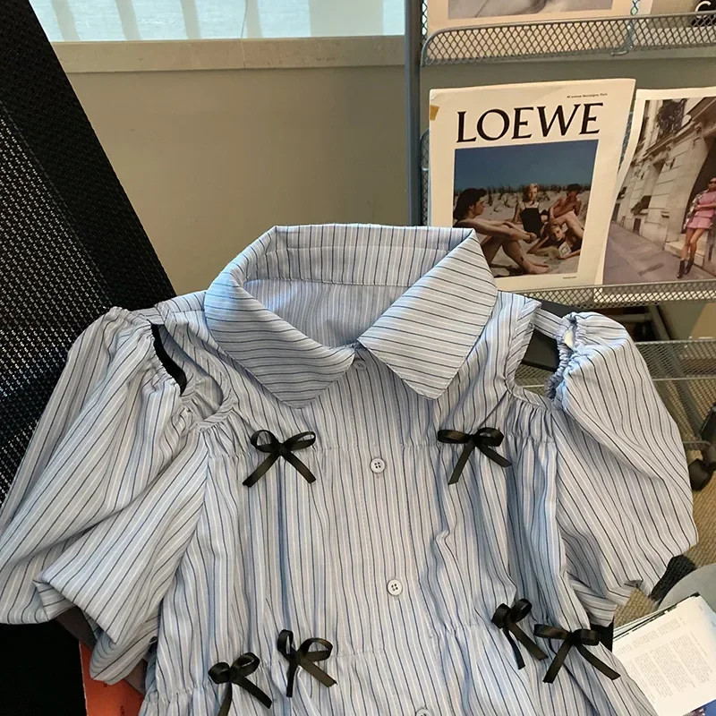 Женская рубашка в стиле пэчворк синюю полоску с бантом лето 2023 французская