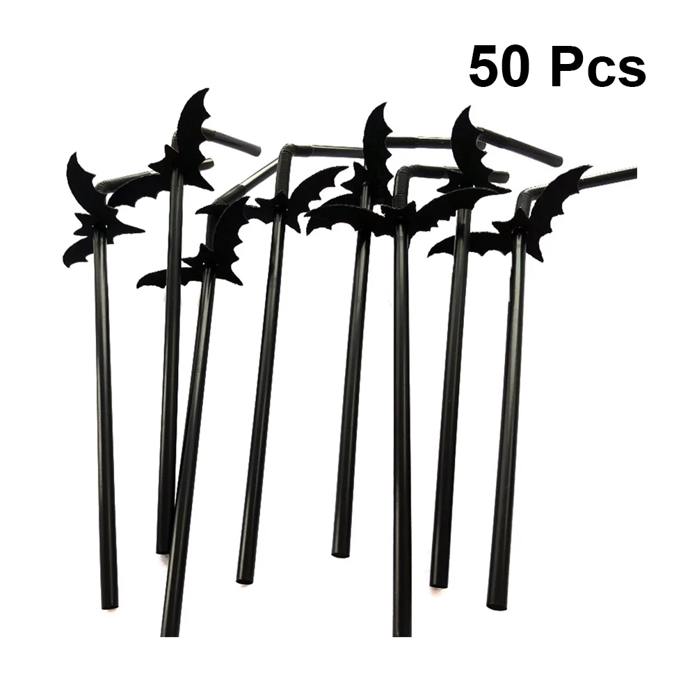 

50 Sets Party Straws Halloween Black Bat Creative Straws Party Supplies Plastic Straw for Drinking