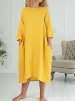 beach solid yellow black summer dress woman clothes three quarter sleeve o neck pockets loose long dress robe