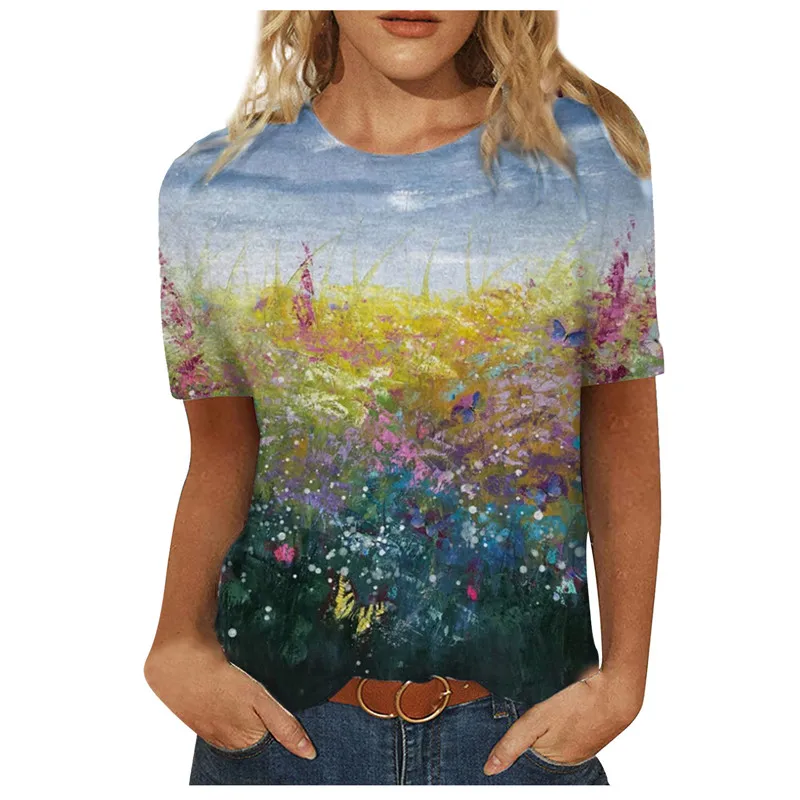 

Women's 3D Landscape Painting Positioning Sunflower Print T-Shirt 2022 New Summer Retro Casual Short Sleeve O-Neck Top