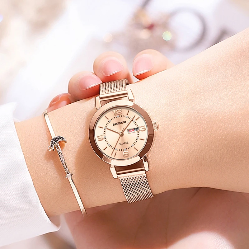 BINBONG Luxury Brand High Quality Quartz Women Watch Fashion Rose Gold Mesh Strap Casual Watch Women 30M Waterproof Reloj Mujer