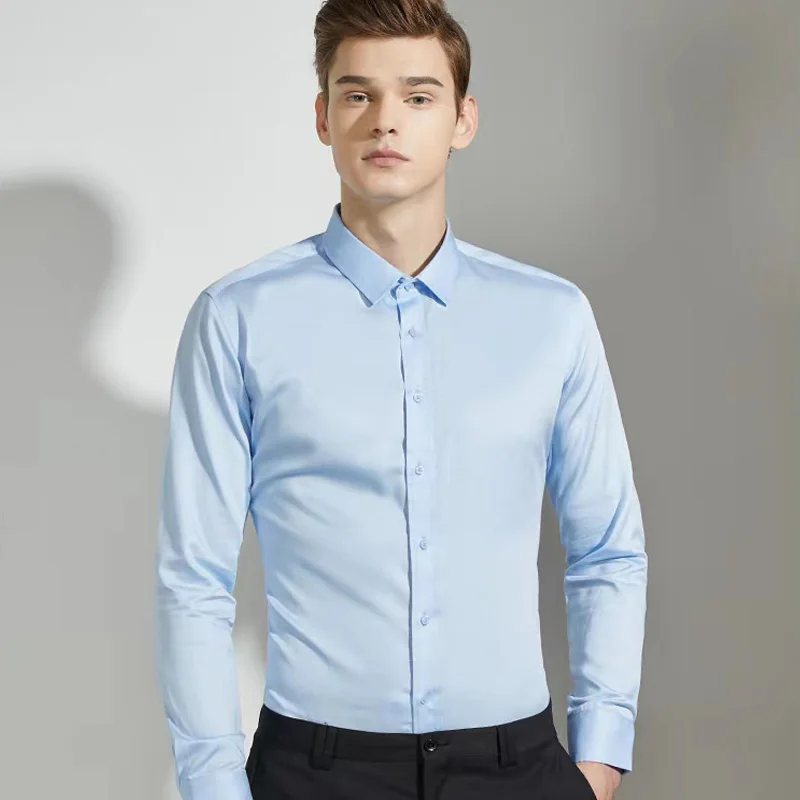 Handsome Fashion Men Dress Shirts Business Casual Long Sleeve Work Office Button Down Black White Male Blouse