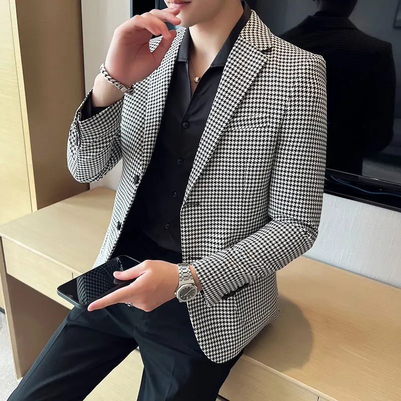 

New high-end boutique everything fashion trend handsome thousand bird lattice suit Korean version slim casual single west jacket