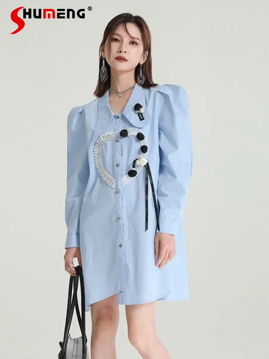 

2022 Autumn New Trendy Asymmetric Flower Love Slim Fit Above Knee Shirt Dress Women's Fashion Elegant Puff Sleeve Short Dress